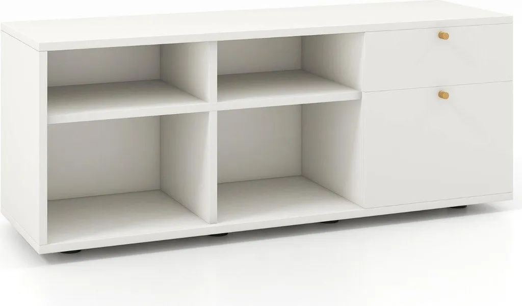 Commode blanche stable pour sols irréguliers avec tiroirs et étagères