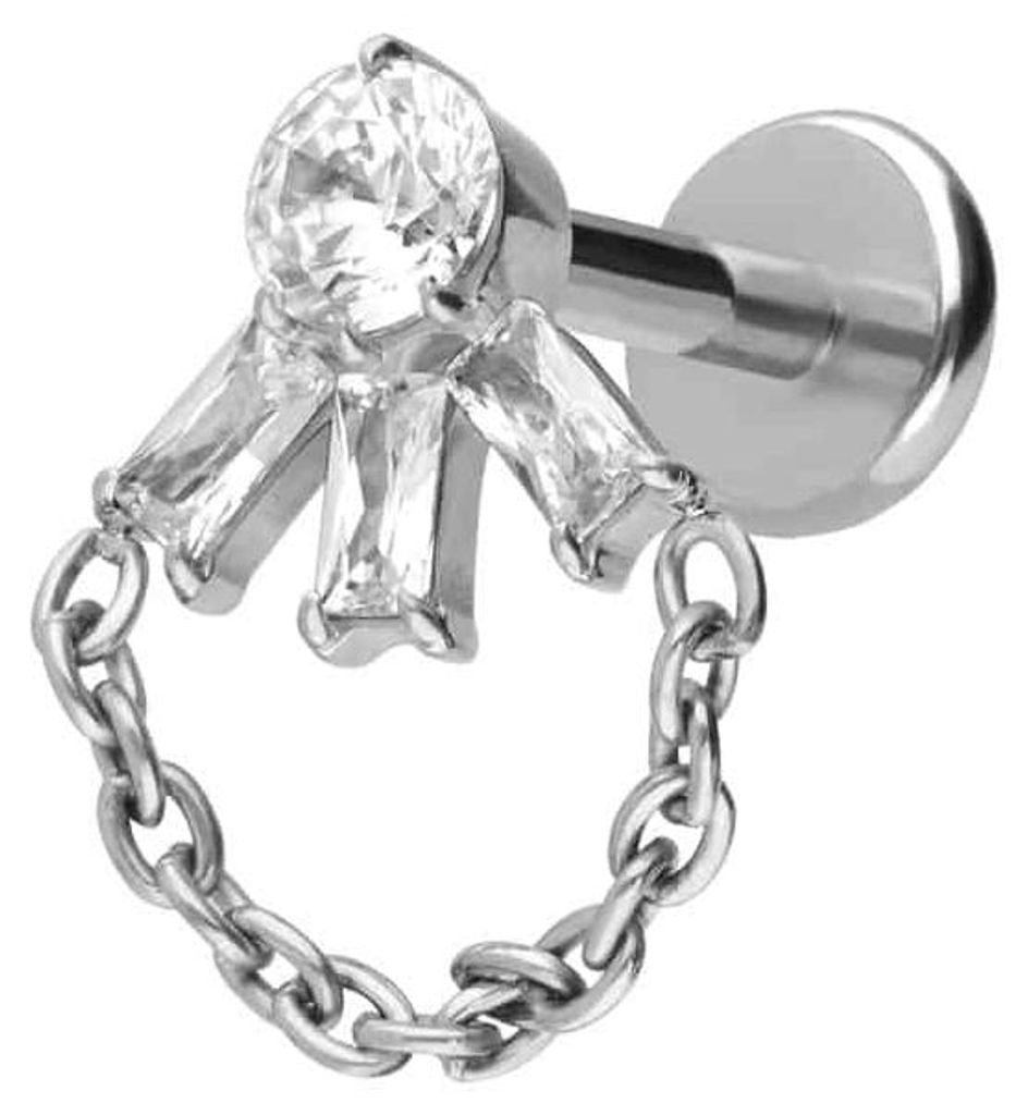Ohrpiercing, Nasenpiercing Titan Labret mit Push Fit LOTUSBLÜTE + KETTE Silber Stablänge: 7mm | Stabstärke: 1mm