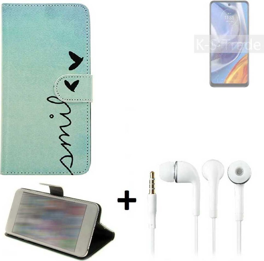 K-S-Trade Schutz Hülle Handy Hülle kompatibel mit Motorola Moto E32s 360° Wallet Case Schutz Hülle ''smile'' inkl. Ohrstöpsel Smartphone cover