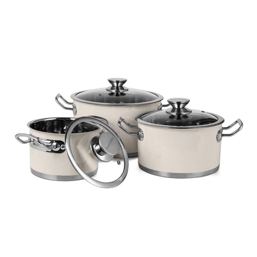 A set of three cream-colored pots with glass lids and silver handles, arranged on a white background.