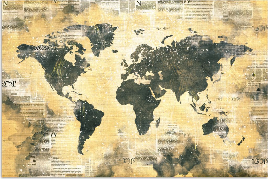 MuchoWow Poster Weltkarte - Grau - Zeitung 90x60 cm - Schlafzimmer