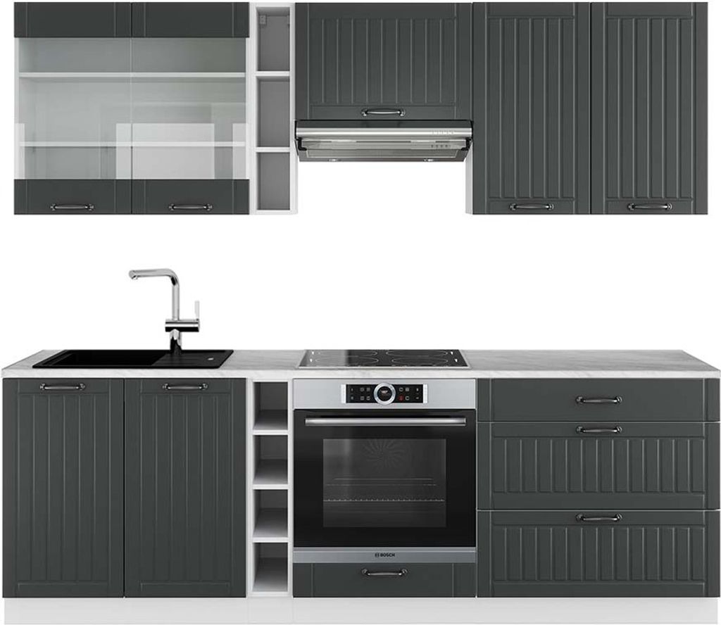 Küchenzeile Vicco Fame-Line Anthrazit Landhaus/Weiß 235 cm , AP Marmor, Model 42319