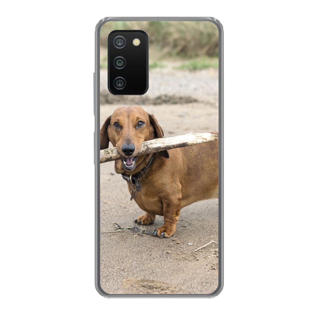 MuchoWow Handyhülle Schutzhülle Hülle für Samsung Galaxy A03s Ein schöner Dackel mit einem Stock im Maul Silikon Softcase Handy Hülle - Schutz