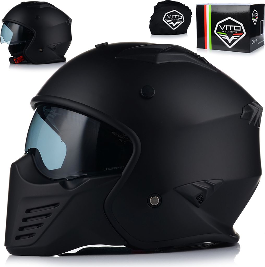 Jet helm mit Sonnenblende | VITO BRUZANO | Rollerhelm trial helm | ECE 22.06 | Motorradhelm mit abnehmbarem Kinnriemen | XS (53-54cm)