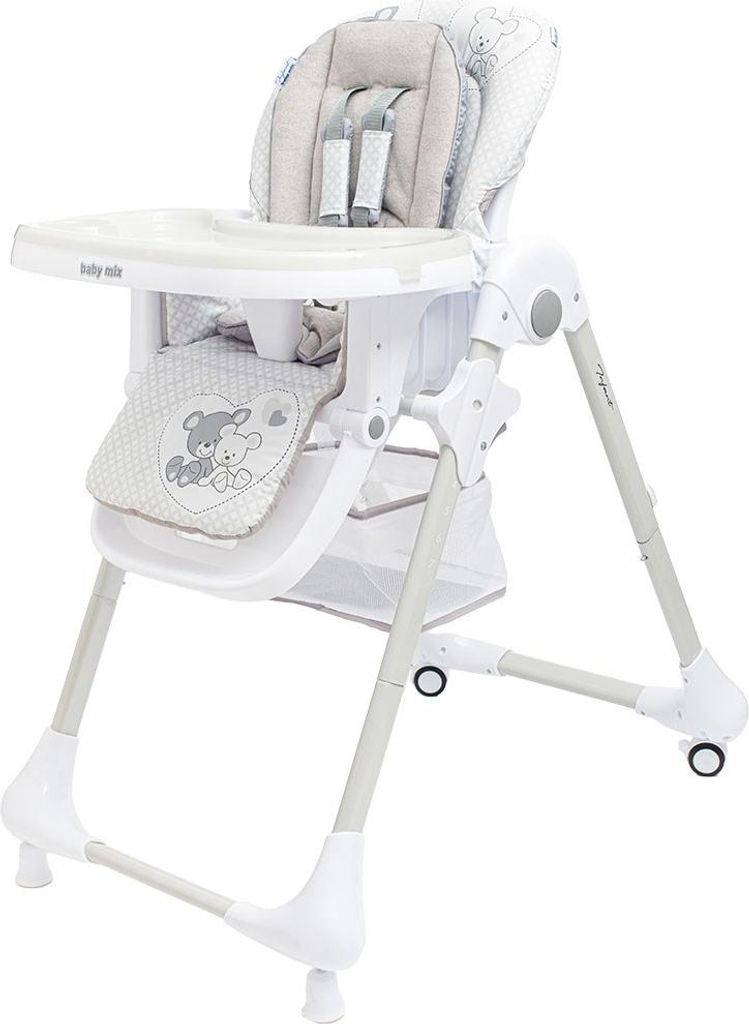 A white baby high chair with gray and beige accents, shown against a white background.
