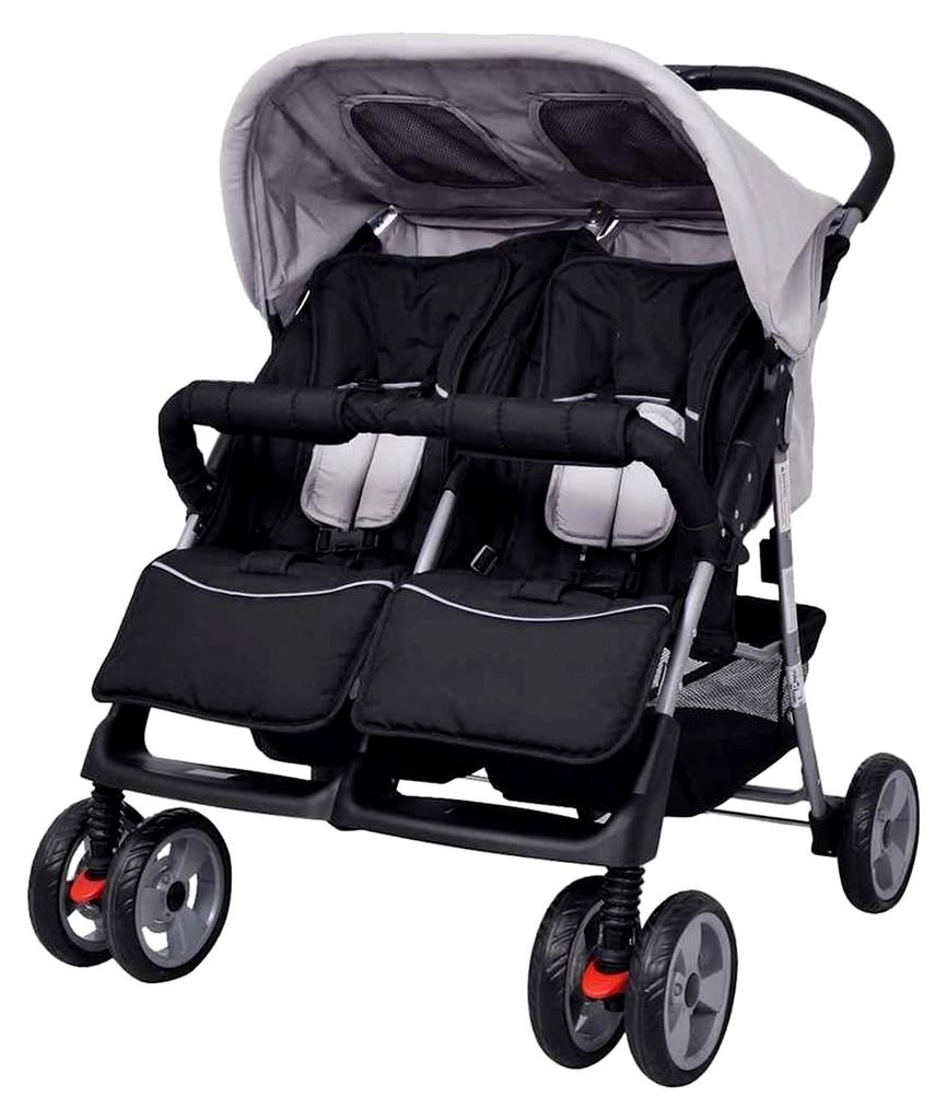 Doppelkinderwagen, Zweisitzer-Kinderwagen für Zwillinge, faltbar, Stahl, Grau und Schwarz