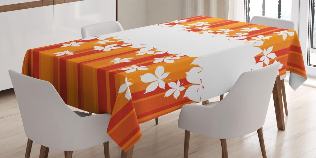 ABAKUHAUS Orange Tischdecke, Herbstliche Farbe vertikal gestreifte Kulisse mit wenig Wildblumen Grenze, 140 x 200 cm, Orange Marigold Weiß