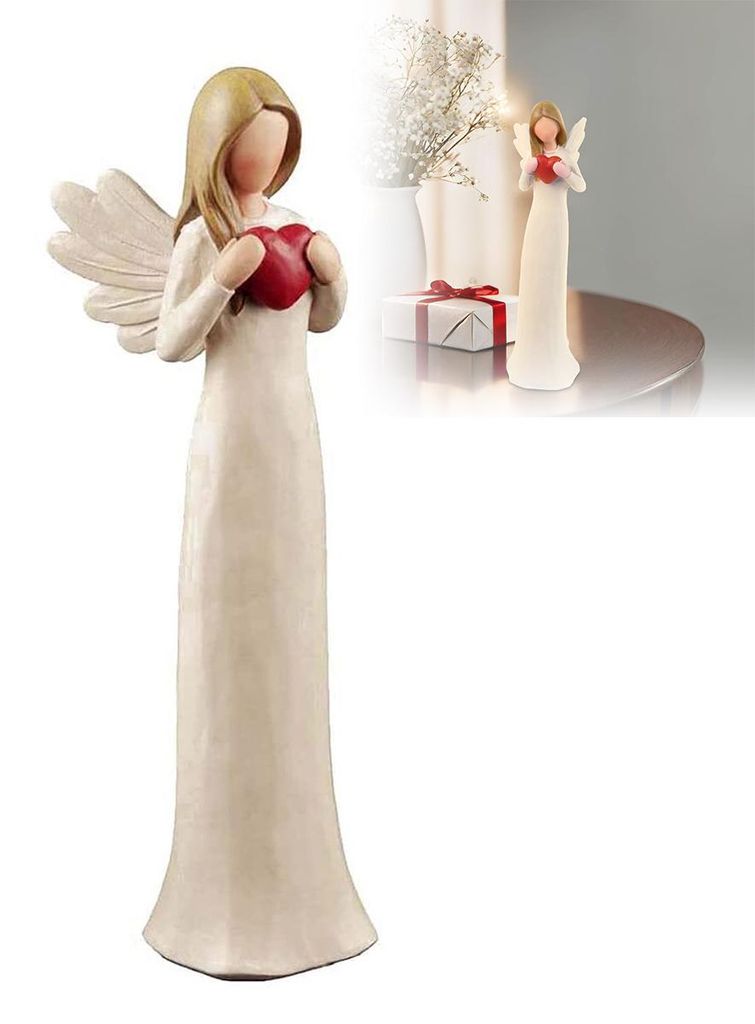 Schutzengel Figur 19 cm aus Kunstharz – Engelfigur mit rotem Herz, Dekofigur für Heimdekoration, Geschenk zu Weihnachten, Hochzeit, Thanksgiving