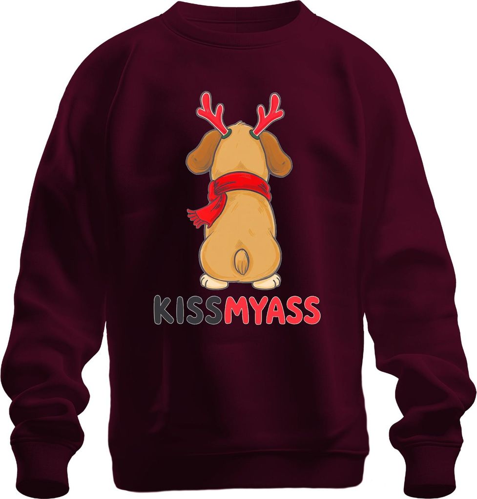KISS MY ASS lustiger Weihnachtshund Rentierohren Cartoon Spruch Uni Sweatshirt Pullover, Burgundy, L