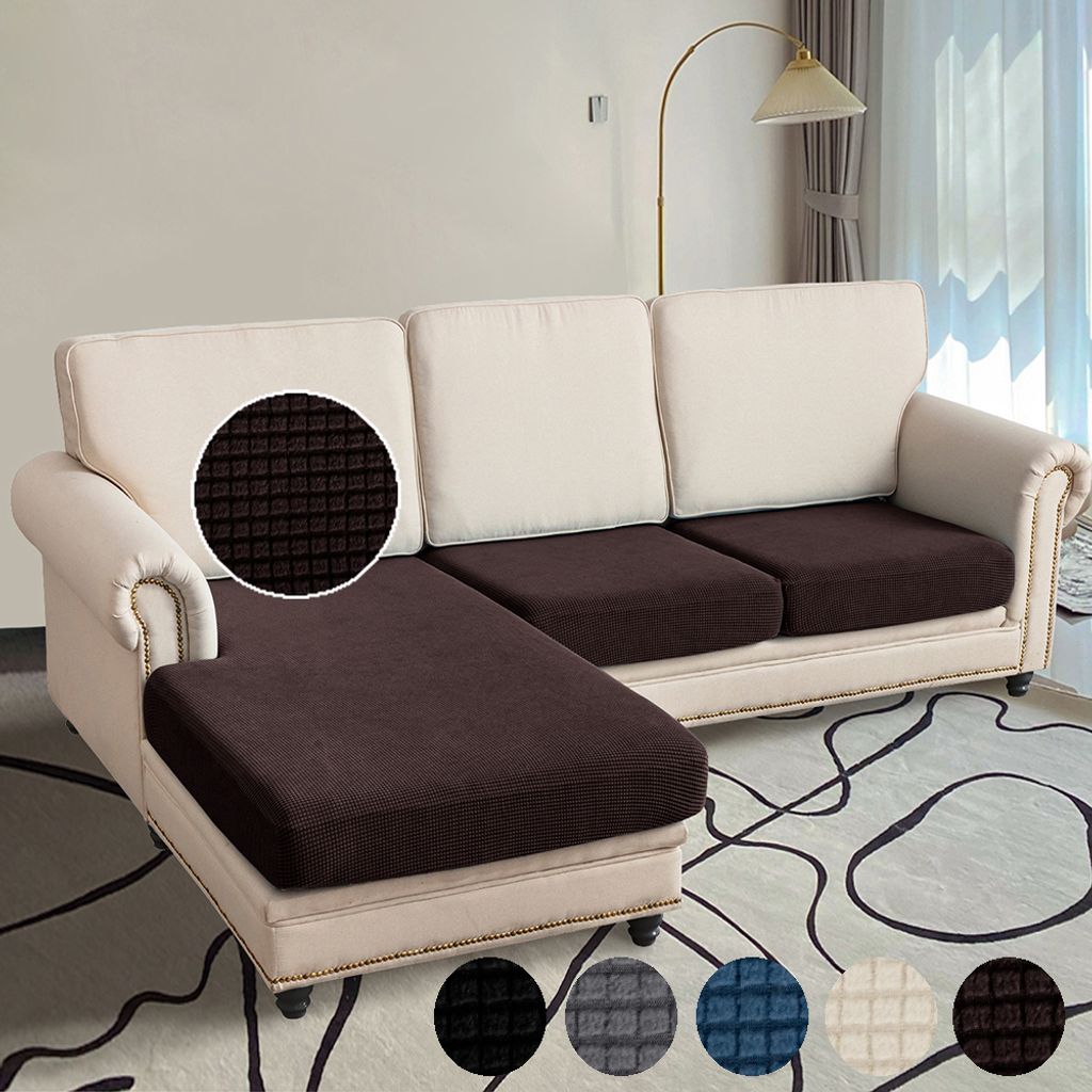 Sofa Überzug Jacquard Kariert L-förmig Sofa mit 2 Einzelsitz und 1 Chaiselongue, Sofa Bezug Gummiband rutschfest, Sitzkissen Bezug Elastisch Braun