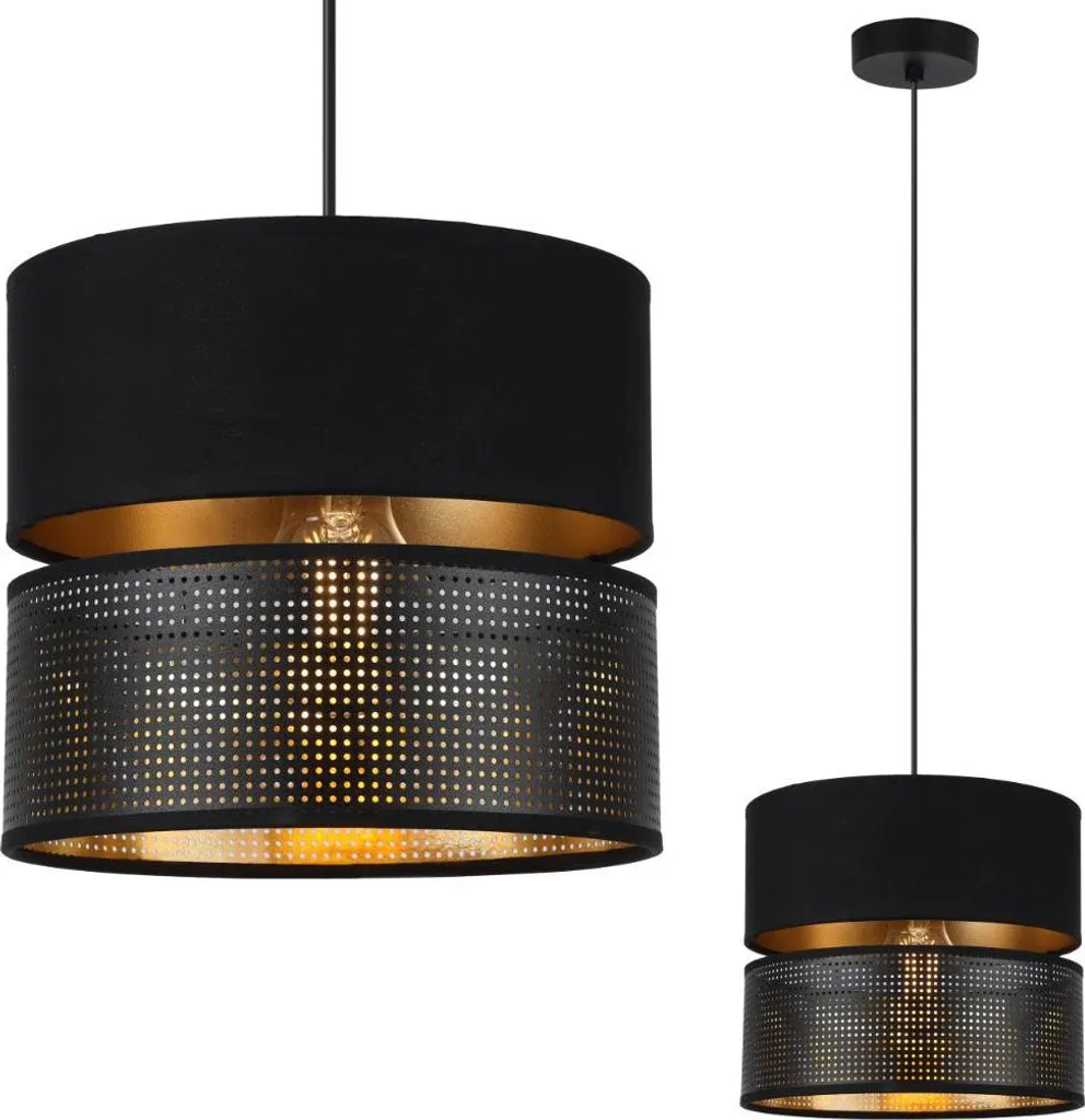 Lampe Suspendue Asti Duo avec Abat-Jour Plat 20cm Finition Noir et Or