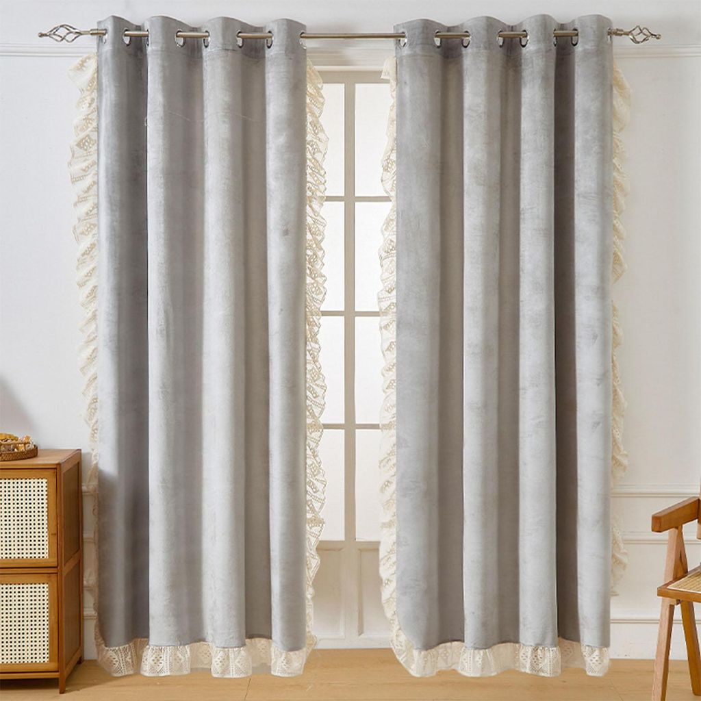 2er Set Samtvorhang Ösen mit Rüschen, Samt Verdunkelungsvorhang, Grau 132x213cm