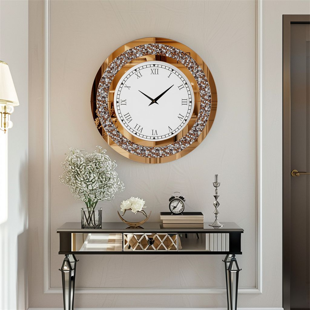 A decorative wall clock is displayed above a console table in a well-lit room.