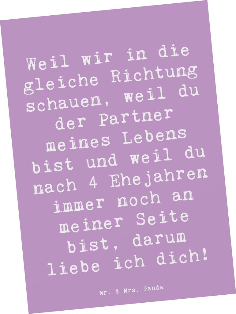 Mr. & Mrs. Panda Ansichtskarte Spruch 4. Hochzeitstag Seidenhochzeit - Lavendeltraum - Geschenk, romantisch, Grußkarte, Liebe, Geschenke, Heirat, ...