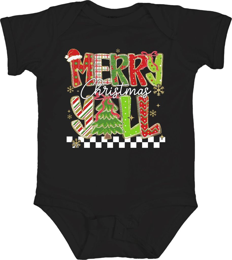 Merry Christmas Y'all Weihnachten Tannenbaum gestreift Glitzer Unisex Baby Body, Schwarz, 0/3
