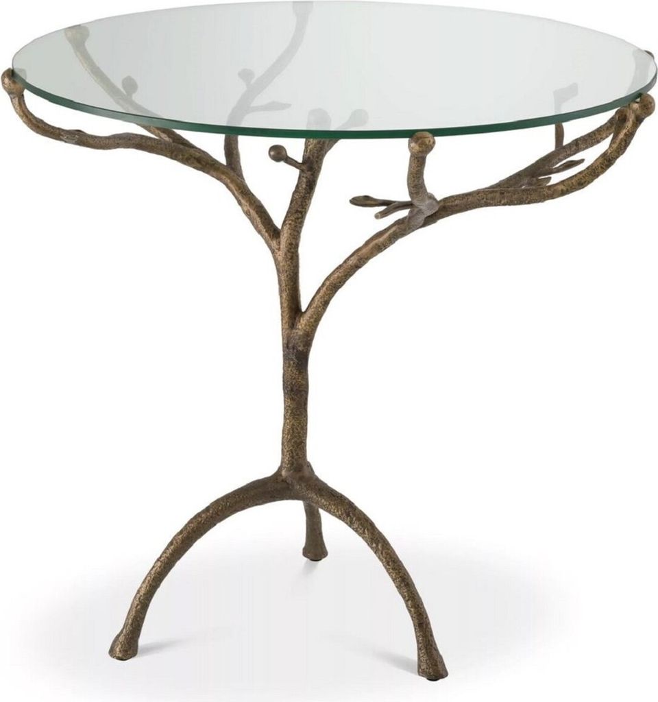 Casa Padrino Luxus Beistelltisch Vintage Messingfarben Ø 79,5 x H. 75 cm - Runder Dreibein Messing Tisch mit Glasplatte - Wohnzimmer Möbel - Luxu...
