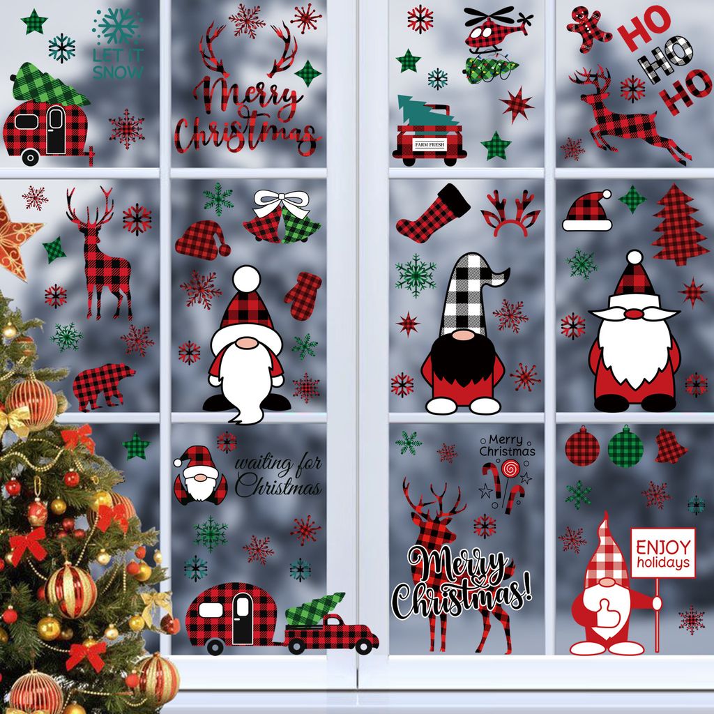 Weihnachten Fensteraufkleber - Rote Auto, Gnom und Schneeflocken Fenster Abziehbilder für Anti-Kollision - Mehrweg Weihnachtsdekoration für Fenst...