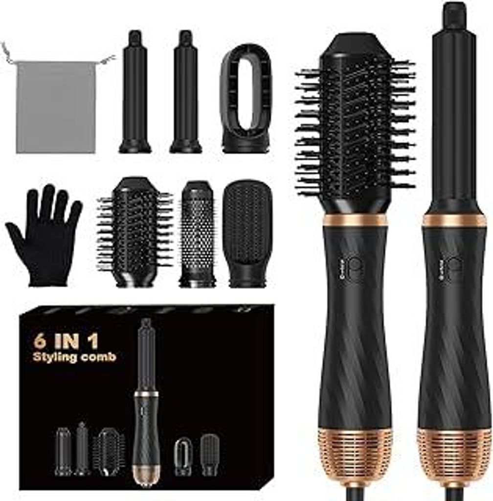 Hair Styler 6 in 1, Airstyler Haarstyler Set mit Rundbürstenföhn, Warmluftbürste, Airflow Lockenstab Automatisch, Haartrockner, Haarglätter Bü...