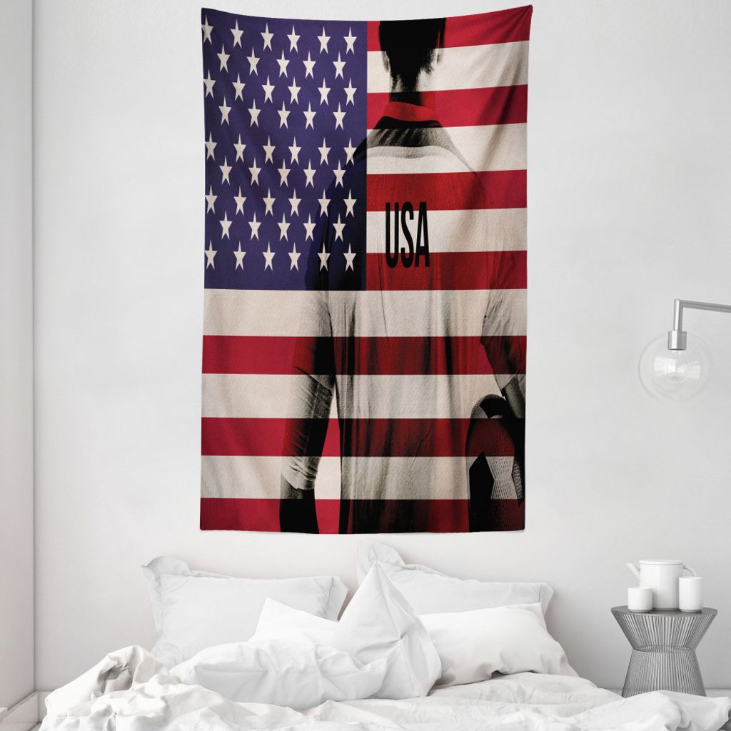 ABAKUHAUS Amerikanische Flagge Wandteppich und Tagesdecke, Fußballspieler aus Weiches Mikrofaser Stoff Waschbar ohne Verblassen Digitaldruck, 140 ...