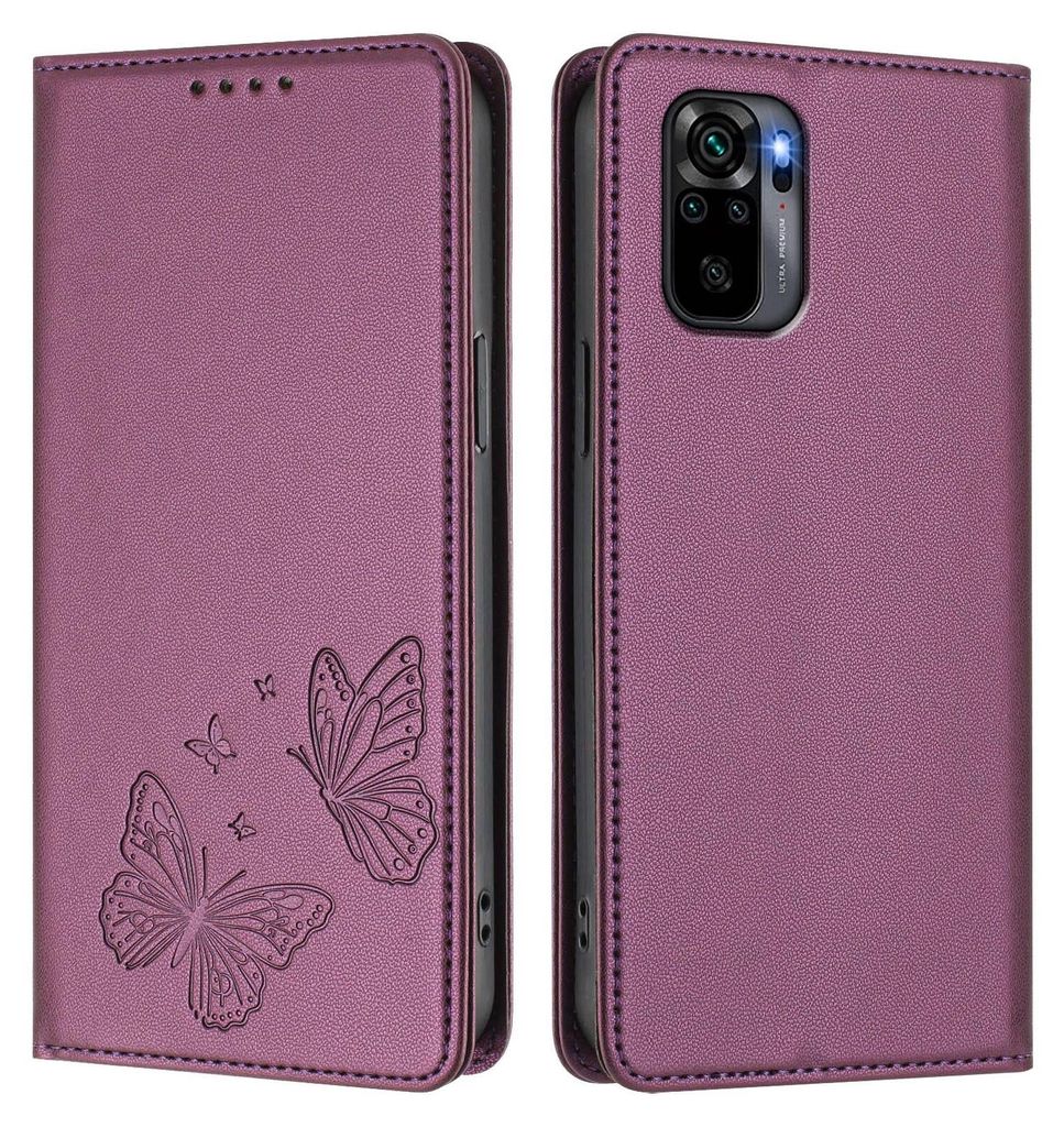 Lederhülle für Xiaomi Redmi Note 10S/Note 10 4G, Schmetterling Prägung Leder Brieftasche Schutzhülle mit Ständer Lila