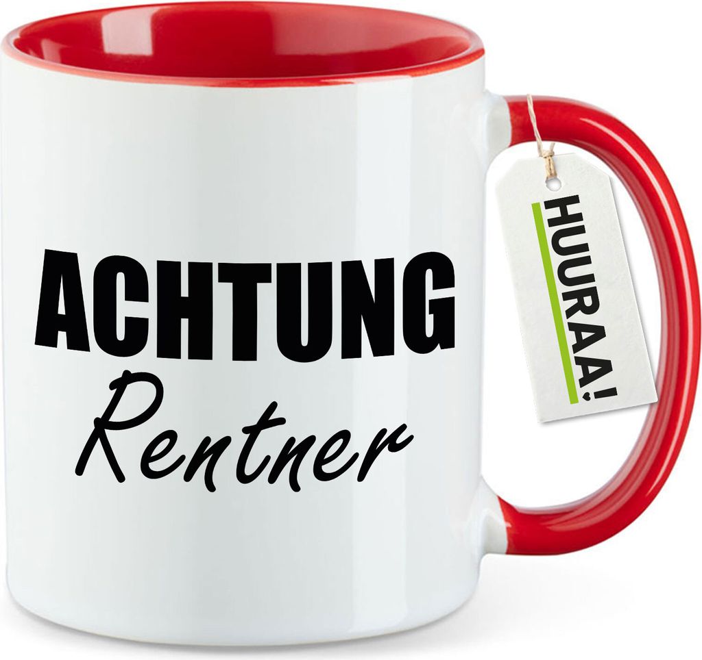 Huuraa Kaffeetasse Achtung Rentner Schriftzug 330ml Rot Keramik Kaffeebecher Geschenkidee