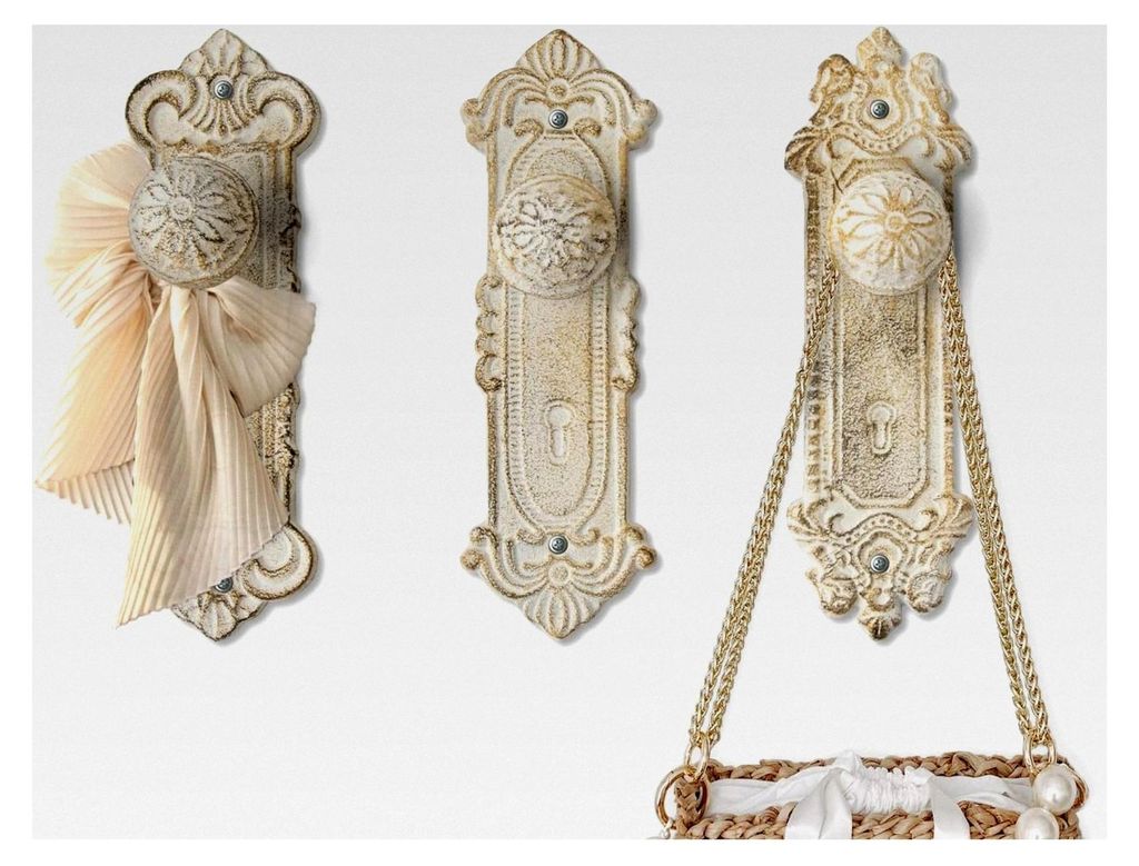 Dekorative Gusseisen-Wandhaken im Shabby Chic, Weiß, 3er-Set, inklusive Schrauben und Dübel, Antike Haken zum Aufhängen von Kleidung