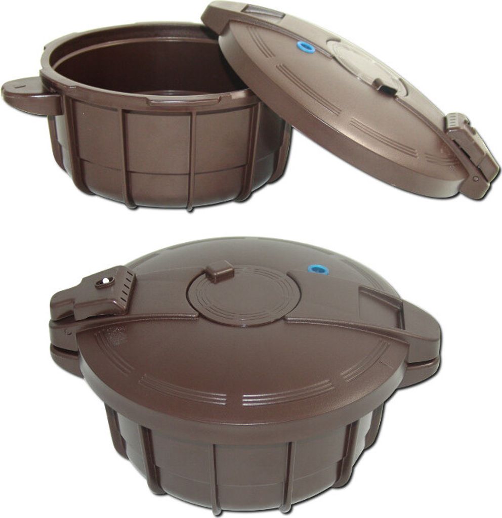 A brown pressure cooker with its lid open and closed, shown from two different angles.
