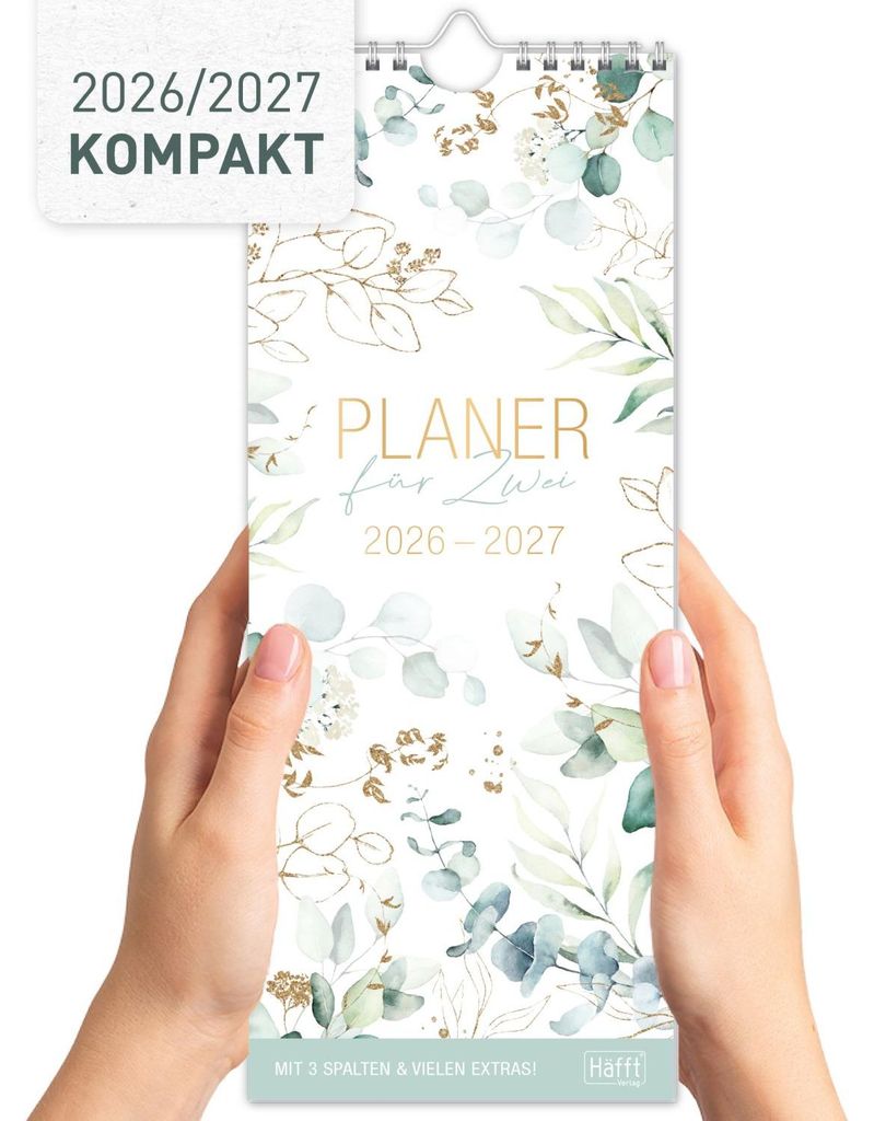 Planer für Zwei / Wand-Kalender 3-spaltig / 2026/2027 / 17 Monate / Blattgold / Häfft-Verlag