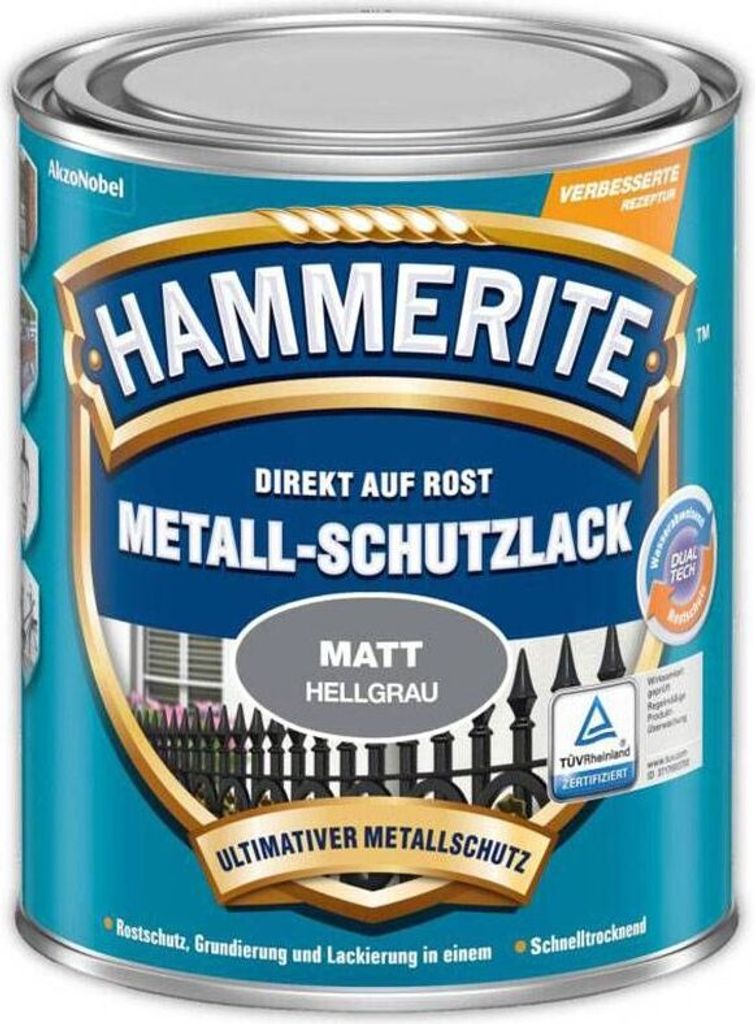 Hammerite Metall-Schutzlack Matt, Fertig gemischt, Zaun, Möbel, Treppe, Fenster, Metall, Nicht-eisenhaltiges Metall, Matte Oberfläche, Grau, 10 m...