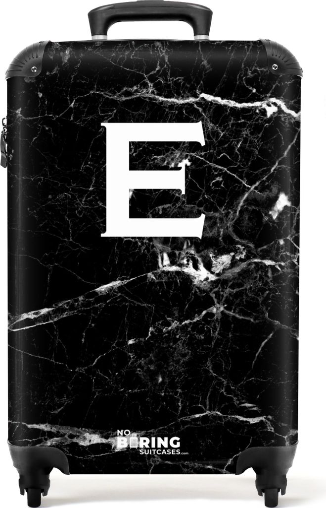 NoBoringSuitcases.com Koffer Handgepäck Trolley Rollkoffer Kleine Reisekoffer mit 4 Rollen - Marmoroptik - Buchstabe E - Schwarz - Cabin Size < ...