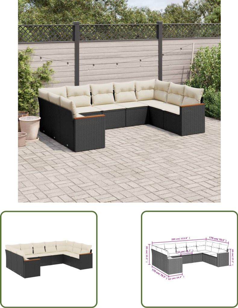 The Living Store 9-tlg. Garten-Sofagarnitur mit Kissen Schwarz Poly Rattan