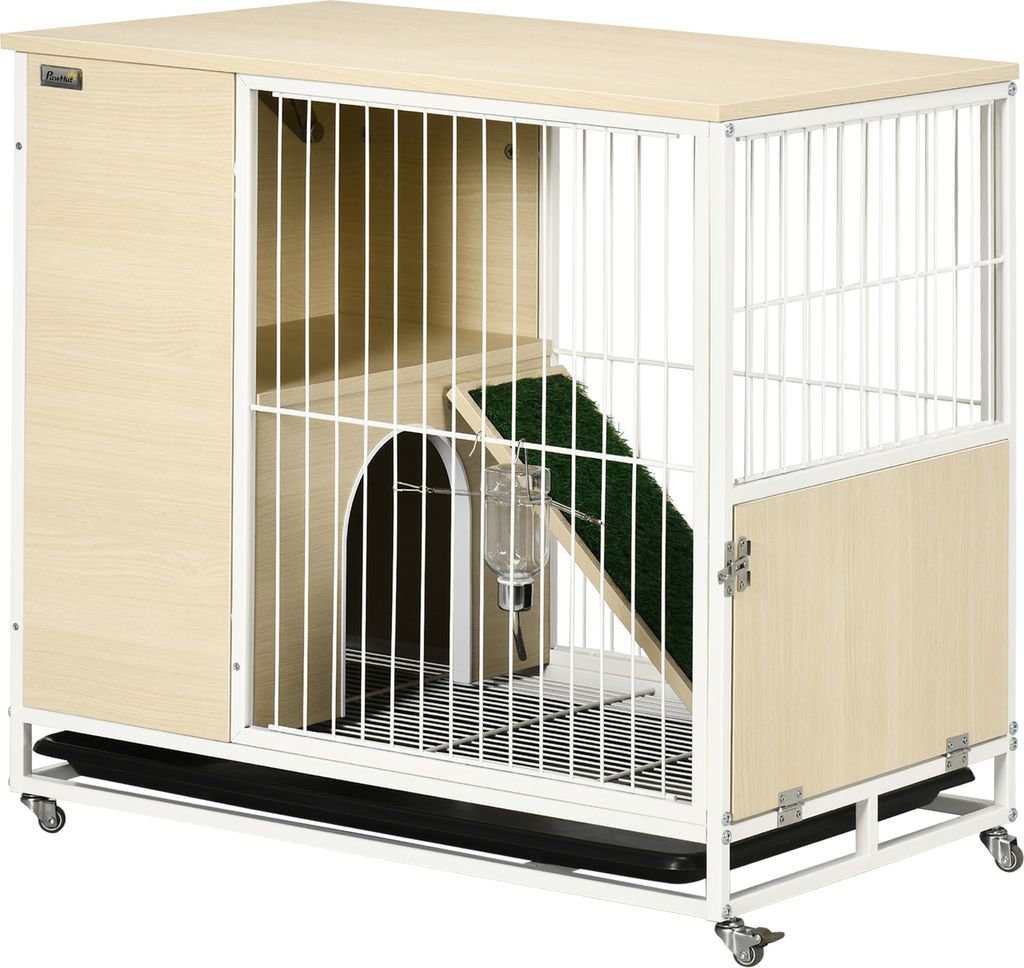 PawHut Holzstall mit Rädern, Innenstallmöbel, 78 x 52,5 x 76,5 cm, Beistelltischfläche mit aufklappbarem Dachkorral, abnehmbarem Tablett, Trinkb...