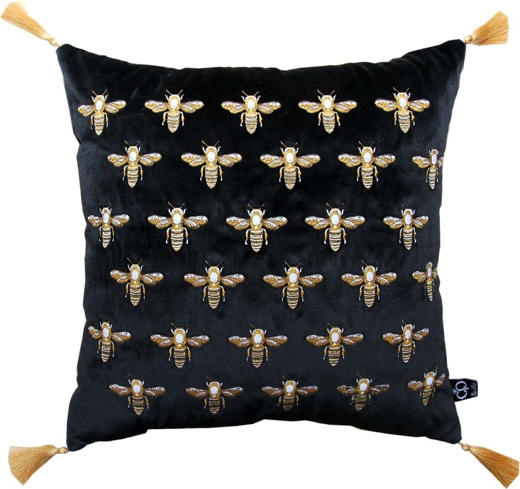 Casa Padrino Luxus Deko Kissen mit Troddeln Bees Schwarz / Gold 45 x 45 cm - Feinster Samtstoff - Luxus Deko Accessoires