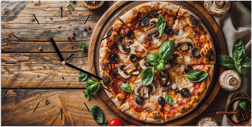 Wanduhr aus Glas mit Motiv Holztisch Pizza- 60 x 30 cm - inkl. Aufhängesystem