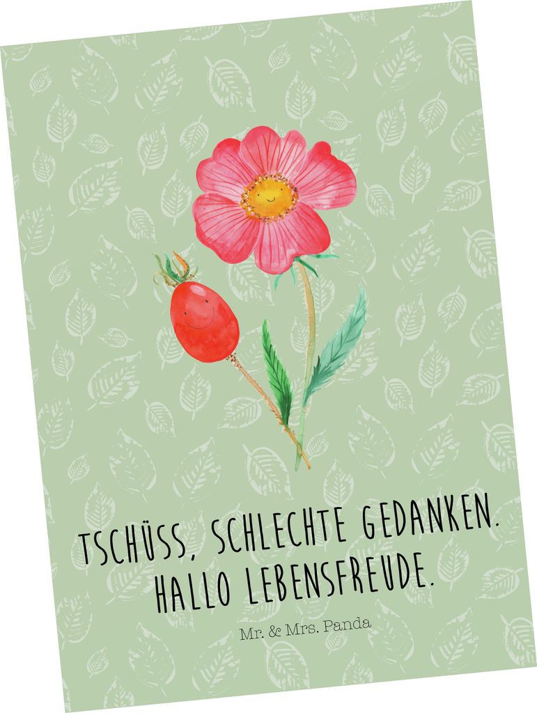 Mr. & Mrs. Panda Postkarte Blume Hagebutte - Blattgrün - Geschenk, Ansichtskarten, Schlechte Gedanken, Ansichtskarte, Grußkarte, Lebensfreude, Po...