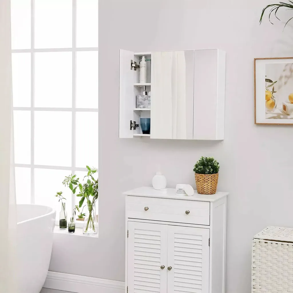 Mobiletto Specchio Bagno 3 Ante Bianco 60 cm Geoffrey | Montaggio Parete - 4