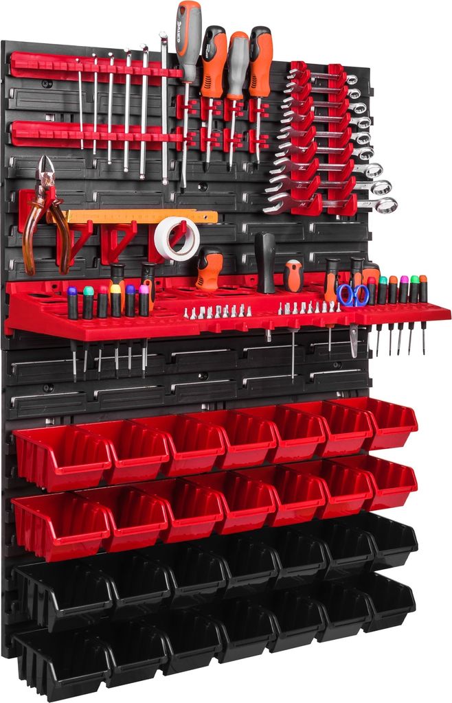 A tool organization system mounted on a wall, featuring various tools and storage bins.