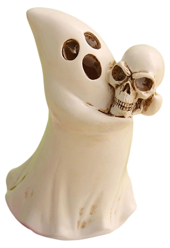 Halloween-Geisterfigur, weißer Geist mit Kürbis und Katze, gruselige Harzfigur, gravierte Halloween-Dekoration B