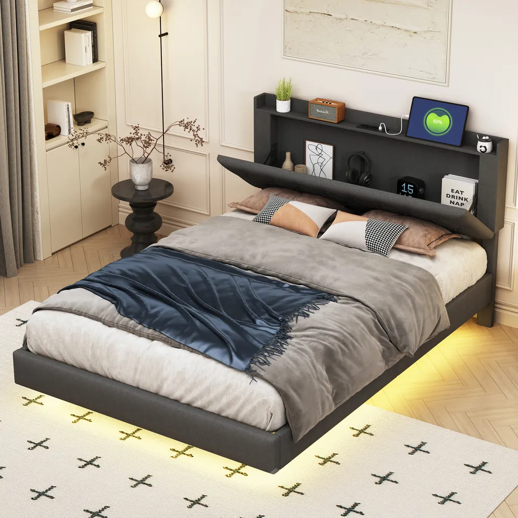 Lit double 140x200cm en lin gris avec cadre flottant et éclairage LED