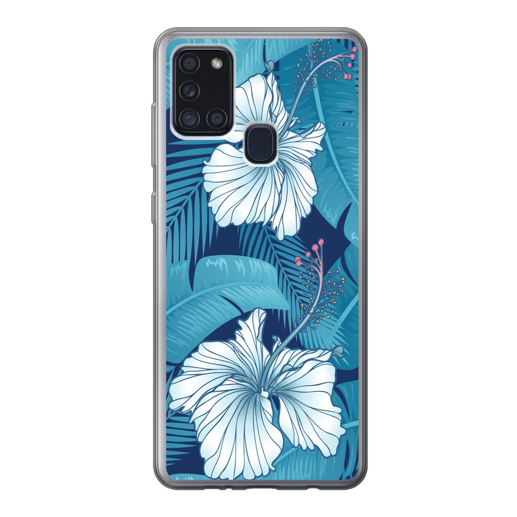 MuchoWow Handyhülle Schutzhülle Hülle für Samsung Galaxy A21s Tropisch - Blumen - Blau Silikon Softcase Handy Hülle - Hartschale