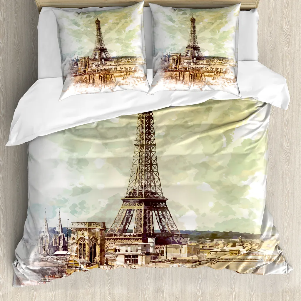 ABAKUHAUS Copripiumino Torre Eiffel, skyline Torre Eiffel, antiacaro, adatto a chi soffre di allergie, con federe, 200 cm x 200 cm - 80 x 80 cm, marrone beige