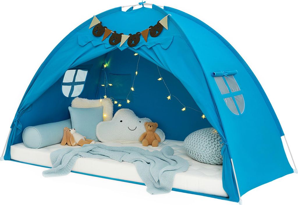YEERSWAG Twin Bettzelt Kinderbett Baldachin Spielzelt mit Sternenlicht & Wimpeln Indoor Schlafzelt Privatsphäre 196×124×99cm, Blau