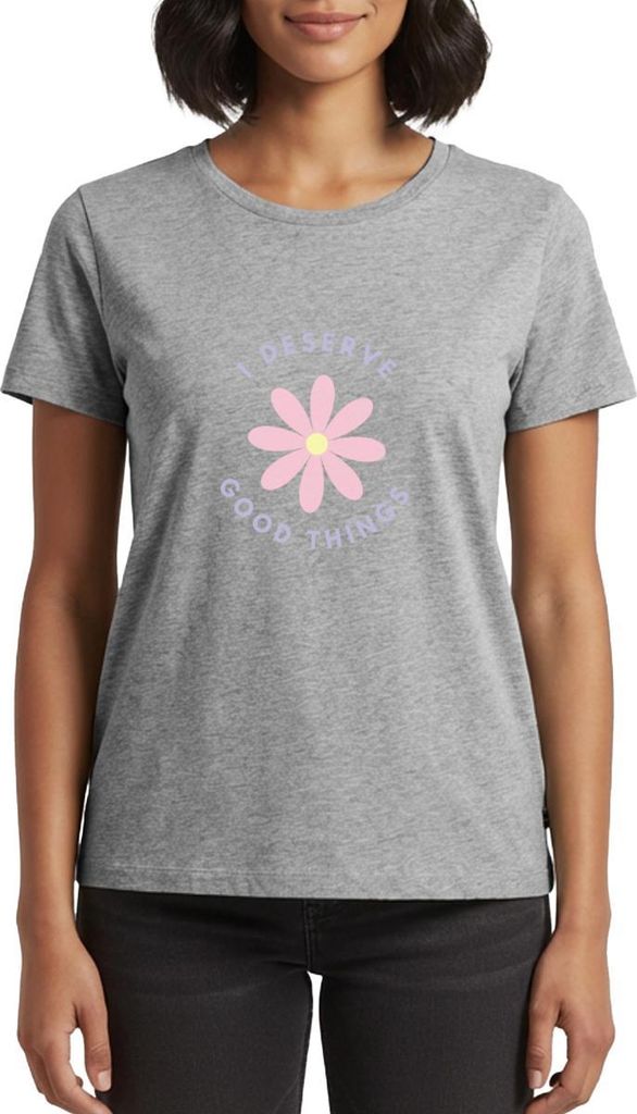 Spreadshirt I Deserve Good Things Statement Hippie Spruch Blumen Frauen Premium T-Shirt, XL, Grau meliert