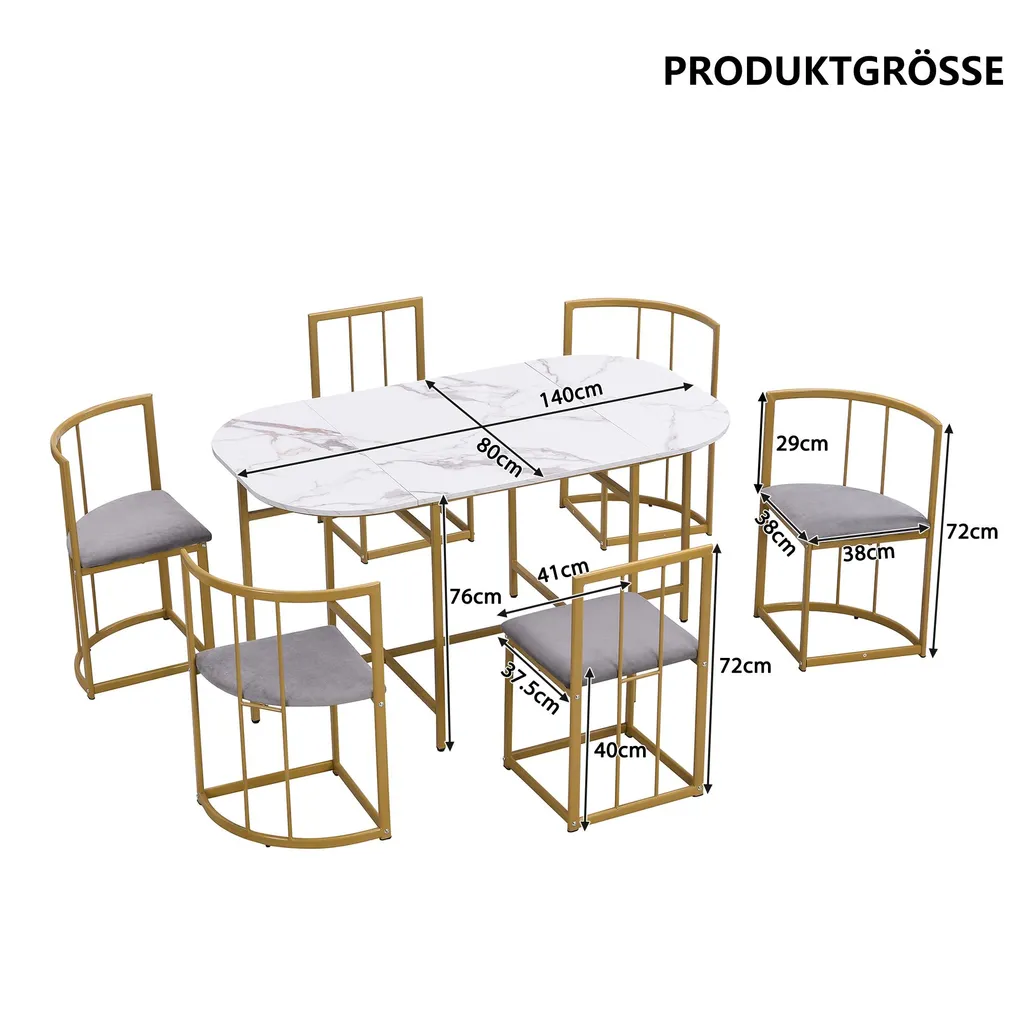Table de cuisine ovale avec 6 chaises rembourrées ensemble complet doré