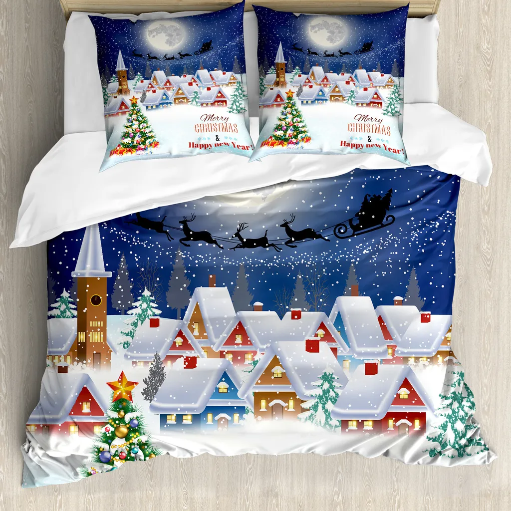 ABAKUHAUS Copripiumino natalizio, cielo invernale, luna e stelle, antiacaro, adatto a chi soffre di allergie, con federe, 200 cm x 200 cm - 80 x 80 cm, blu navy e bianco