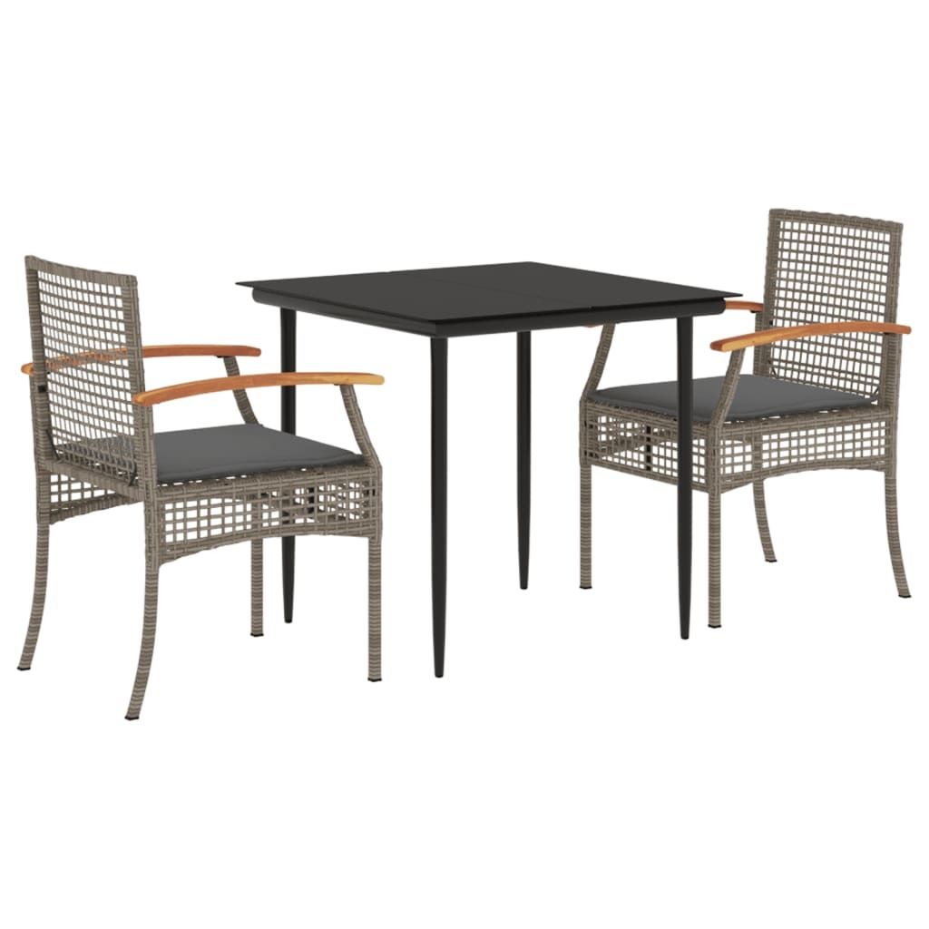 3-tlg. Garten-Essgruppe mit Kissen Grau Poly Rattan