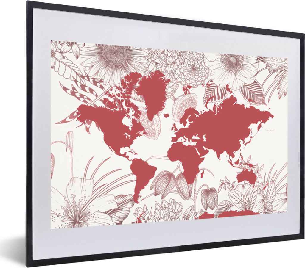 MuchoWow MuchoWow Gerahmtes Poster Weltkarte - Rosa - Weiß 60x40 cm - Poster mit zchwarzem Bilderrahmen - Schlafzimmer - Plakat in Rahmen - Dr...