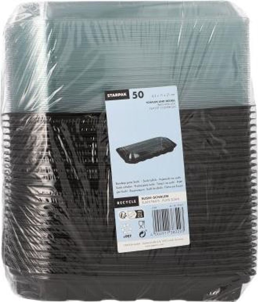 800 Sushi-Schalen R-PET rechteckig 21 cm x 11 cm x 4,3 cm schwarz mit transparentem Deckel