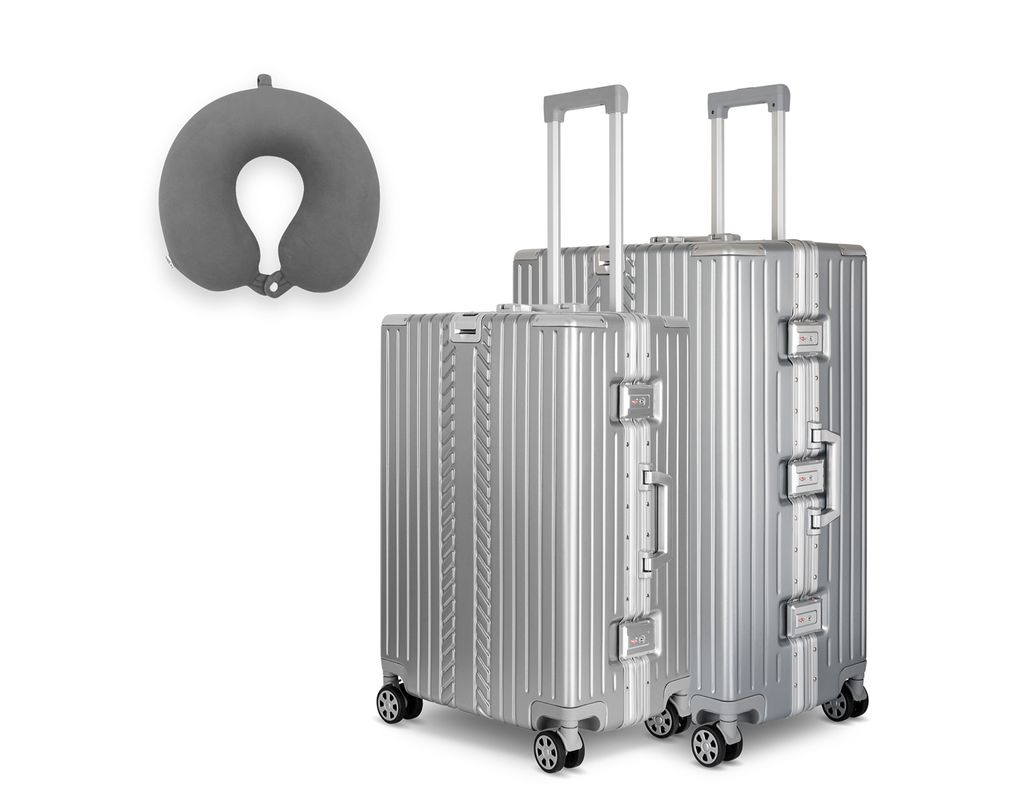 WINLIFE SPARSET Koffer L+XL mit Anthrazit Nackenkissen – 65cm & 75cm Hartschalen-Trolley ABS Alu-Rahmen TSA-Schloss leicht & robust Silber
