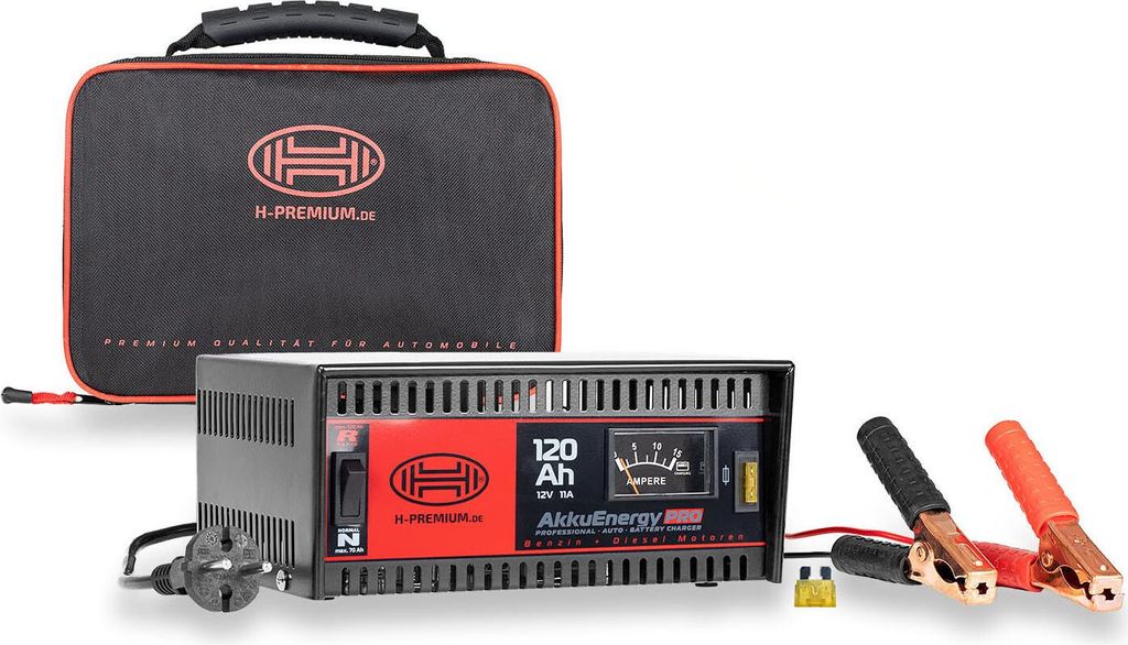 HEYNER Batterieladegerät AkkuEnergy 11A – 12V, für 18–120 Ah, Schnell-/Normalladung, Verpolungsschutz, Metallgehäuse, mit Tasche